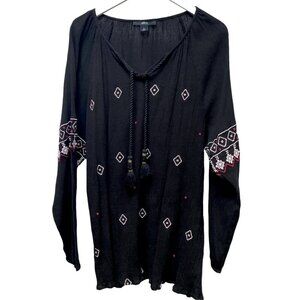 ELLOS Boho Top Plus Size 1X Black Cotton Crinkle Gauze Peasant Tunic